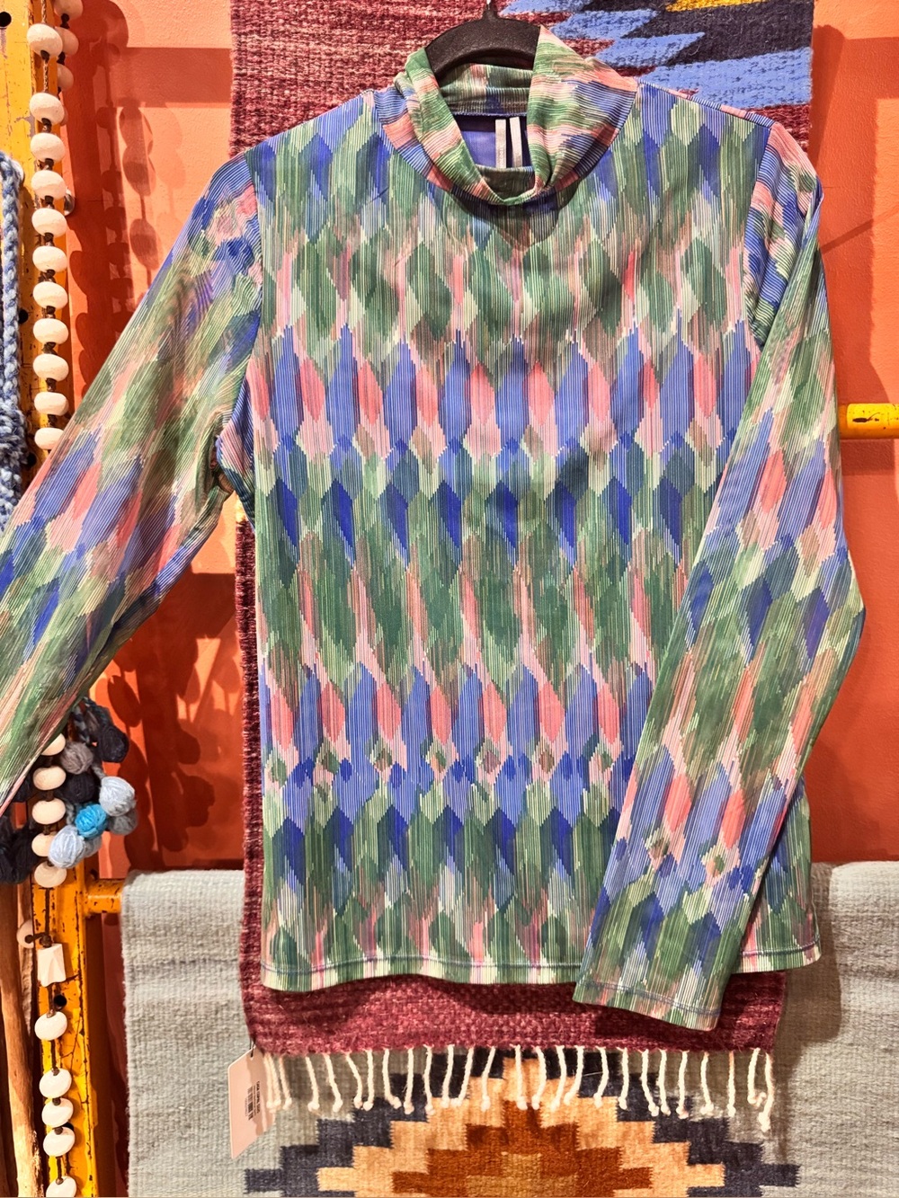 Anthropologie Sheer sleeve Long-Sleeve Geo Mock Neck Top